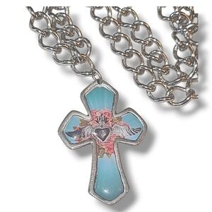 Red‎ House Ranch Silver Tone Angel Wing Cross Pendant Curb Link Chain Necklace
